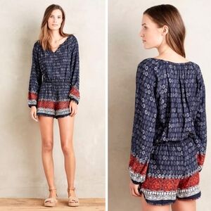 NEW Anthropologie Fraiche By J Nandini Long Sleeve Boho Blue Romper Size M